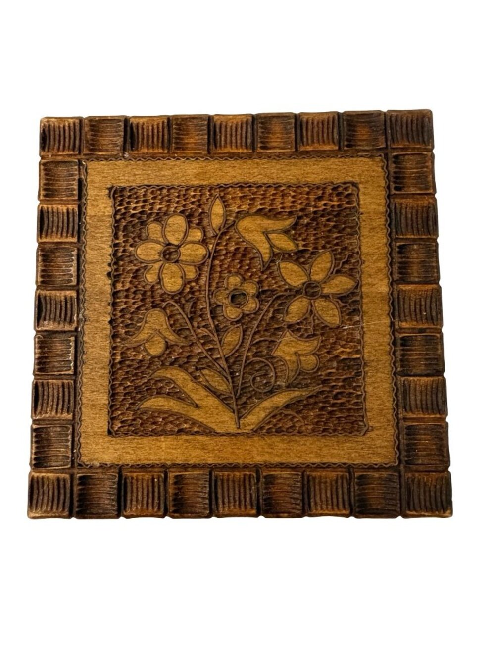 Vintage Poland Hand Carved Wooden Trinket Box Floral Folk Art Jewelry Box 4 Inch